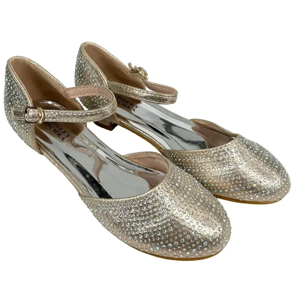 Badgley Mischka Girls Metallic Dress Shoes 3 Rhinestones Light Gold BM84031